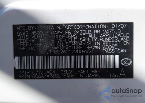 2007 Lexus Is 350 from USA, damaged, VIN JTHBE262172009821